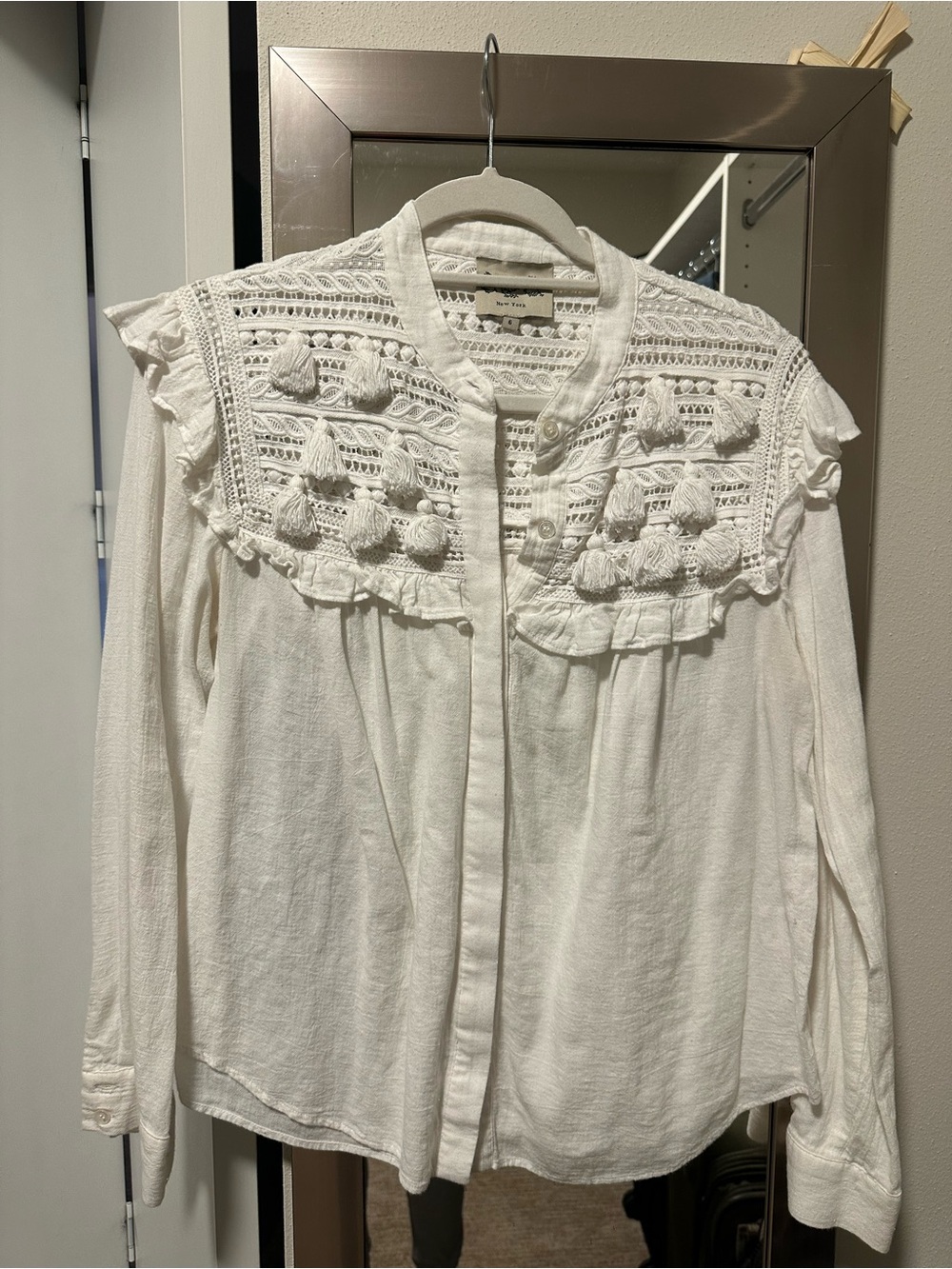 Sea New York White Crochet Yoke Button-Down Blouse